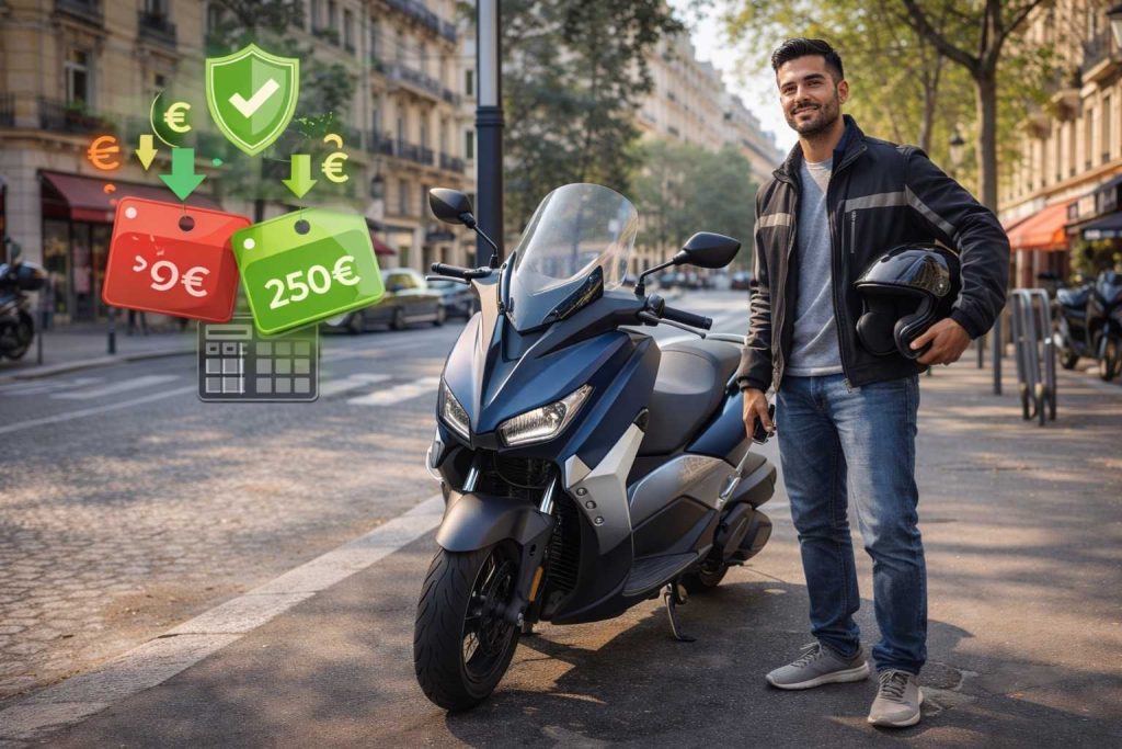 Jeune conducteur urbain parisien de 30 ans debout confiant à côté de son scooter 125cc moderne blanc dans rue typique de Paris avec immeubles haussmanniens, tenant casque sous bras, avec icônes flottantes symbolisant assurance moto 125cc (bouclier protection, symboles euro économies, étiquettes prix verte et rouge), illustrant tarifs variables 450-1400€ an et stratégies optimisation coûts.