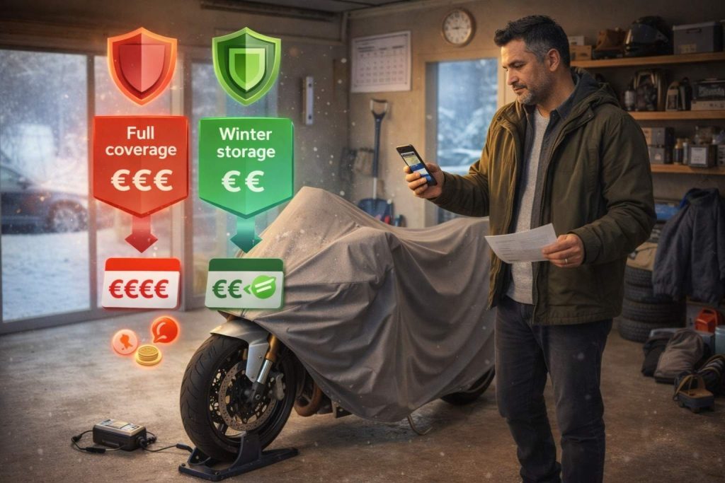 Moto moderne sous housse grise de protection dans garage privé hivernal, propriétaire de 35 ans en vêtements chauds se tenant à côté tenant smartphone avec app assurance, éléments visuels montrant comparaison couverture complète versus formule hivernage réduite, ambiance intérieur chaud contrastant avec contexte hiver froid, illustrant décision économique assurance moto stockage hivernal.