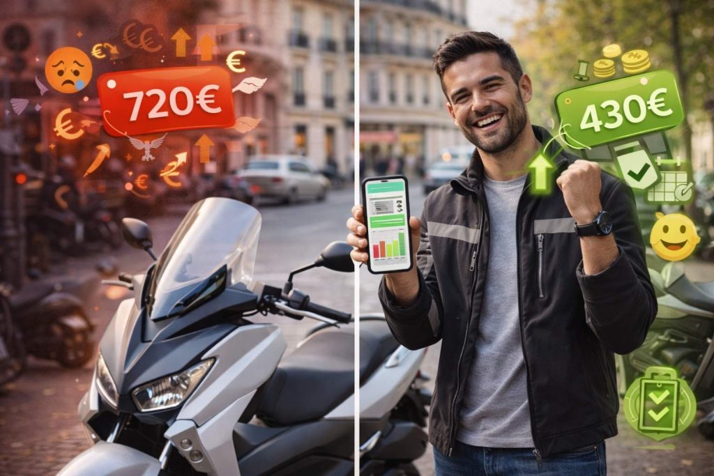 Jeune motard urbain français de 30 ans souriant joyeusement debout à côté de sa moto moderne, tenant smartphone montrant app comparaison assurance avec indicateurs verts économies, dans composition split visuelle montrant côté gauche cher étiquette prix rouge versus côté droit abordable étiquette verte, illustrant économies 400-600 euros an ou 40 pourcent réduction assurance moto 2026 via comparaison intelligente.