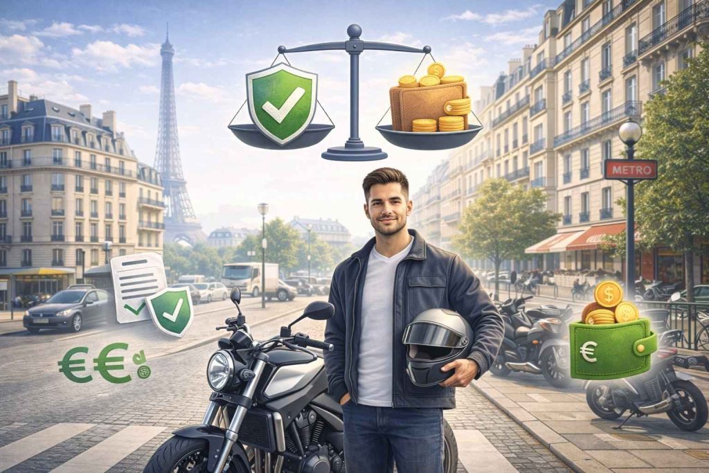 Jeune motard parisien debout près de sa moto dans une rue typique de Paris avec architecture haussmannienne, entouré d'icônes symbolisant l'assurance au tiers (bouclier de protection, symboles euro verts, balance équilibrée) illustrant le choix économique et sécurisé de l'assurance moto au tiers en milieu urbain.