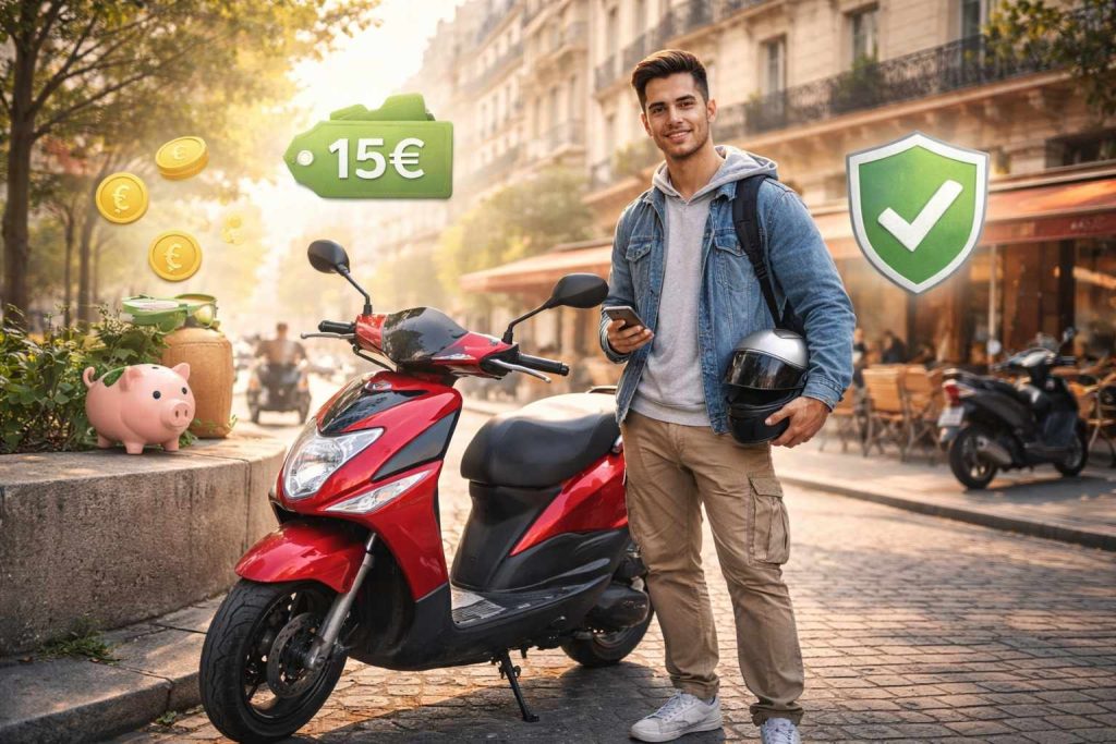 Jeune conducteur urbain de 18-22 ans souriant debout près de son scooter 50cc moderne devant un café parisien typique, tenant son smartphone, avec icônes flottantes de pièces d'euro vertes et bouclier de protection symbolisant l'assurance scooter 50cc abordable à moins de 15 euros par mois.