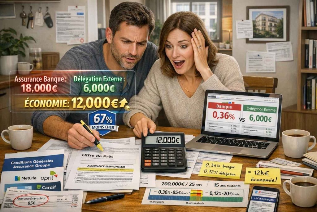 Couple français découvrant économies assurance emprunteur comparant banque 18000 euros versus délégation 6000 euros économie 12000 euros loi Lemoine 2022 résiliation tout moment