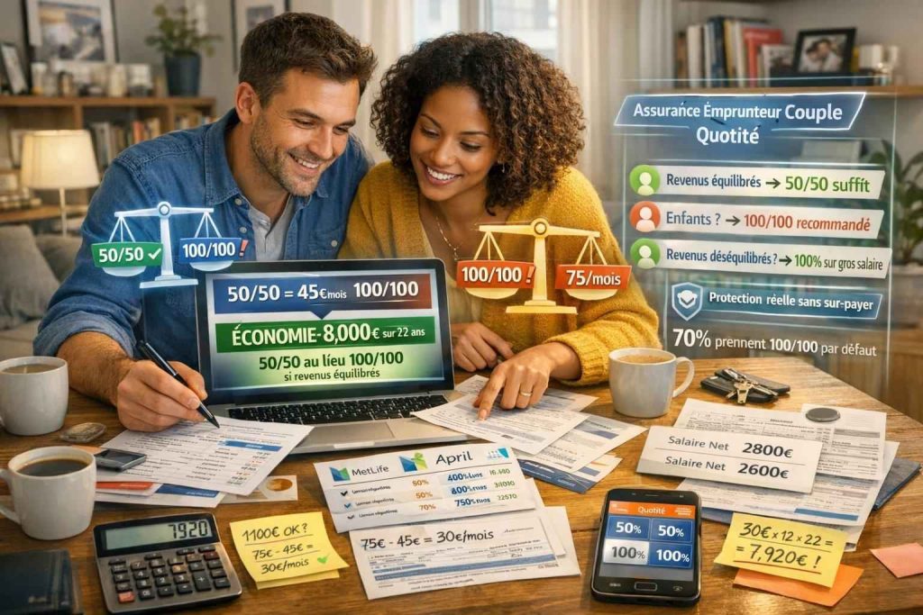 Couple français table maison calculant quotité optimale assurance emprunteur ordinateur montrant 50 50 versus 100 100 économie 7920 euros 22 ans revenus équilibrés 2800 2600 euros crédit 1100 euros collaboration