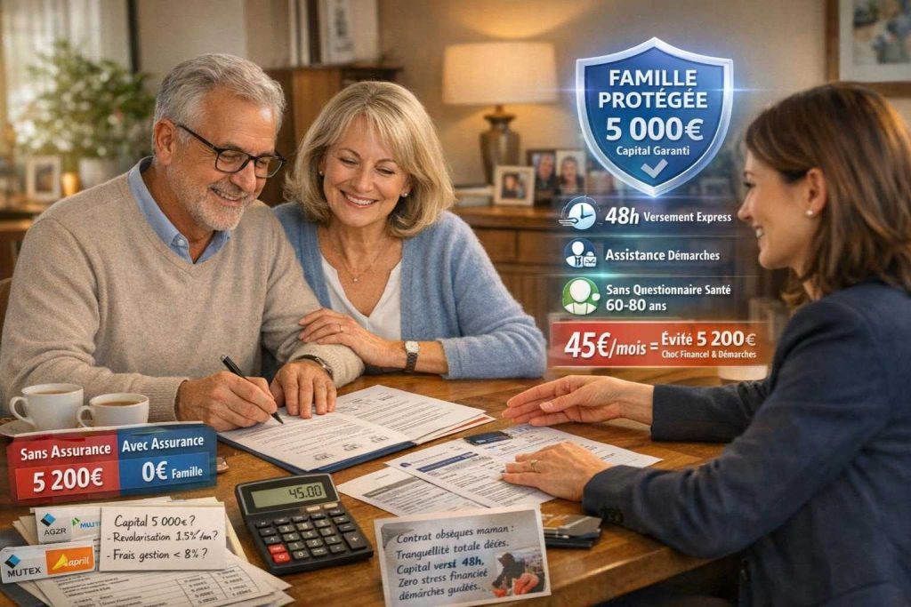 Couple seniors français 65-72 ans table maison signant contrat assurance obsèques conseillère professionnelle documents montrant capital garanti 5000 euros couverture protection famille frais funérailles 4000-6000 euros sérénité préparation responsable