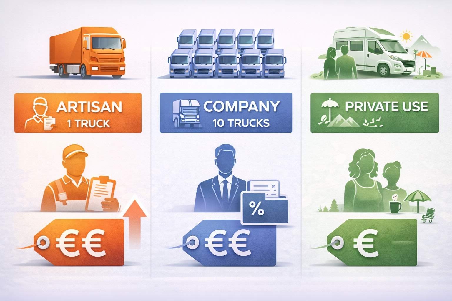Infographie comparative des tarifs d'assurance poids lourds 2026 montrant trois profils d'utilisateurs avec icônes de camions et étiquettes de prix : artisan solo, entreprise avec flotte, et usage privé loisir.