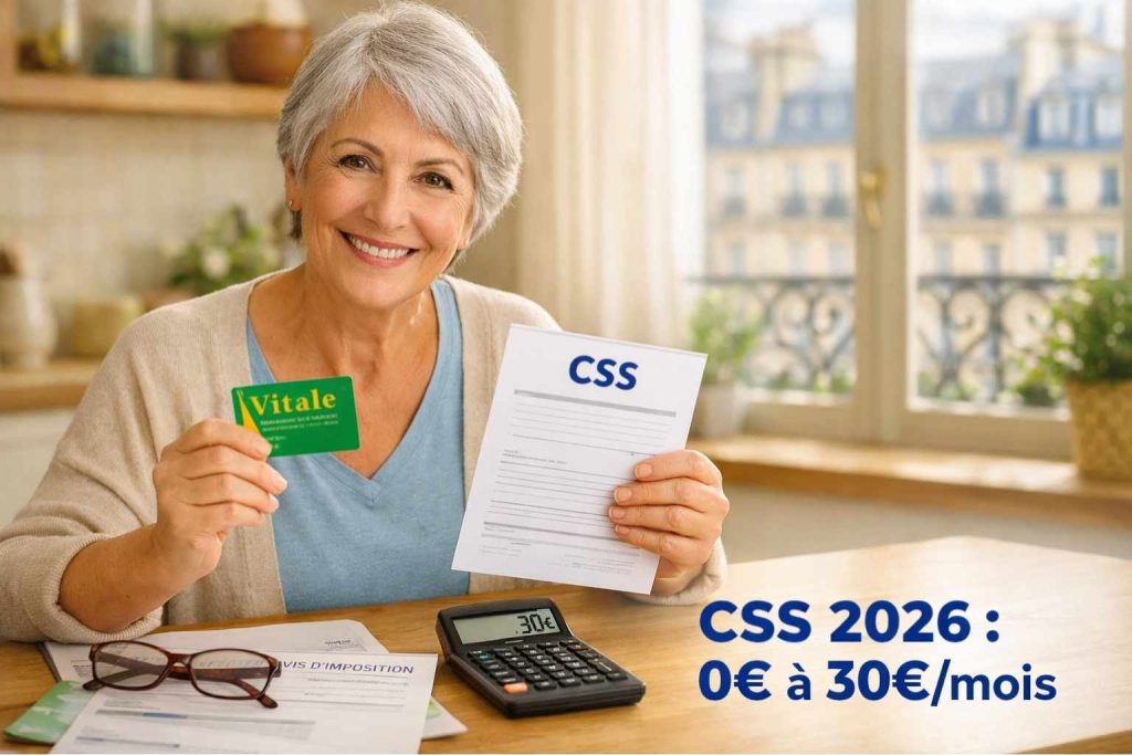 Objets médicaux en cercle incluant lunettes, prothèse dentaire, stéthoscope, médicaments et appareil auditif avec badge 100% couvert au centre