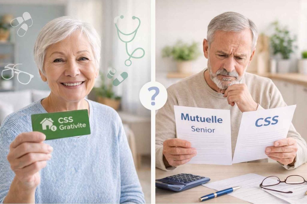 Comparaison visuelle entre senior utilisant la CSS gratuite et senior comparant CSS et mutuelle senior