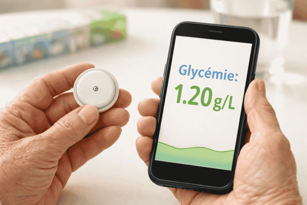 Senior tenant un capteur Freestyle Libre et smartphone affichant la glycémie en français