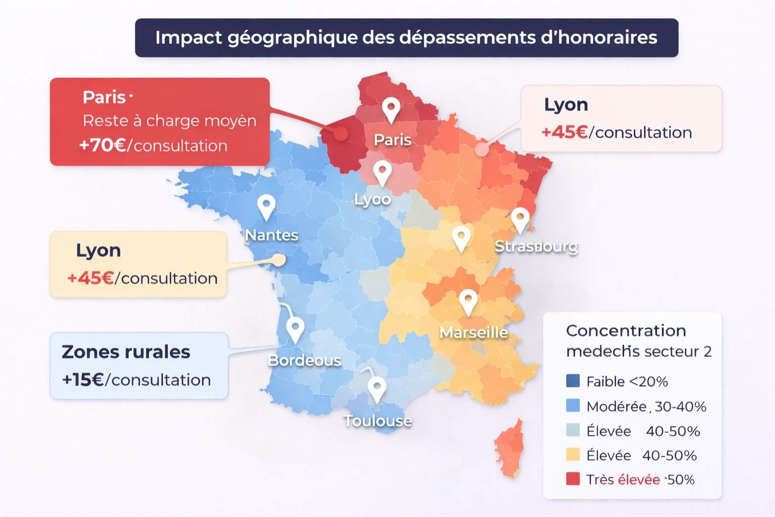 Carte de France montrant la concentration de médecins secteur 2 avec dépassements d'honoraires - Île-de-France en rouge 60%, PACA orange 40-50%, reste du pays en dégradé