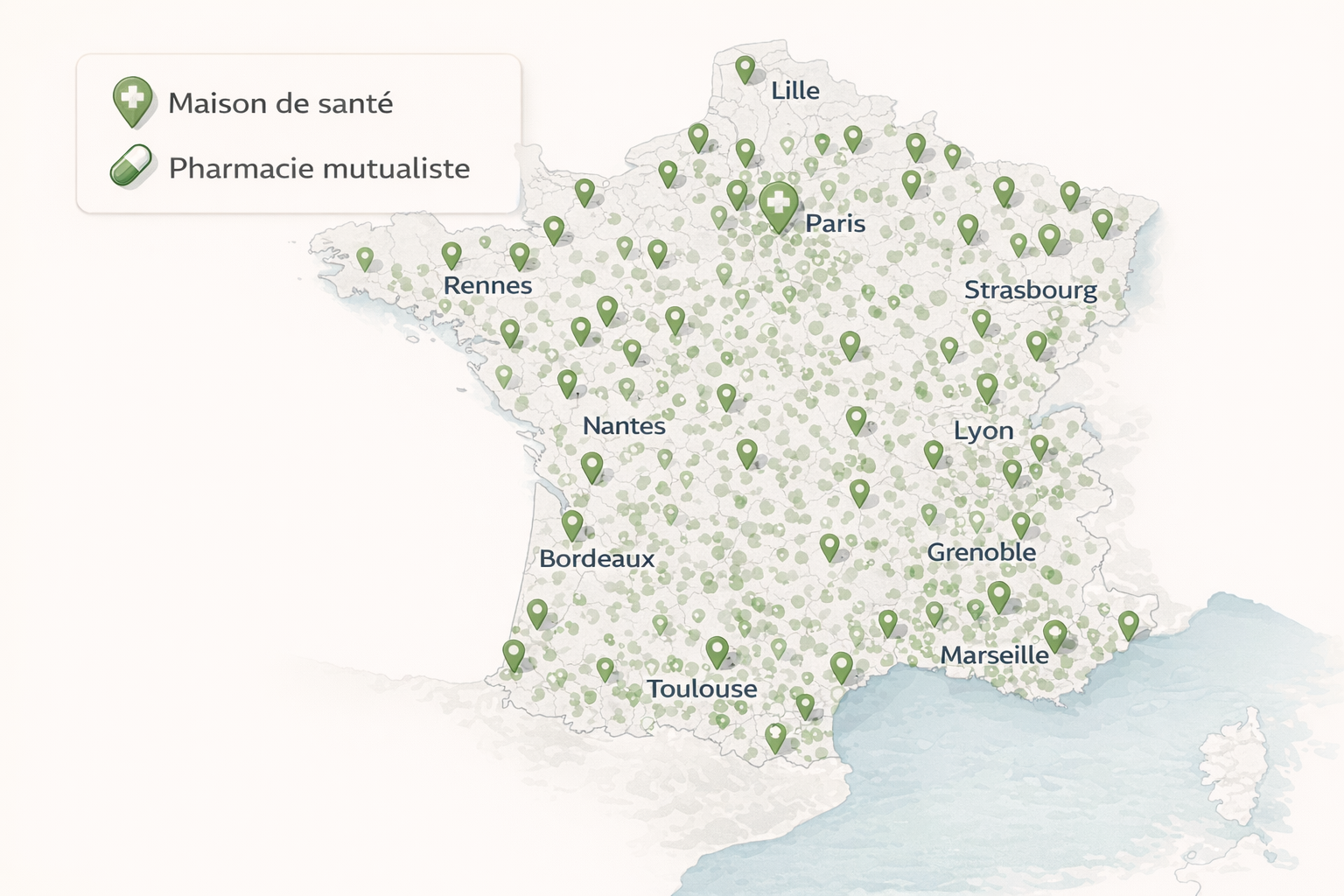 Carte de France illustrant la répartition des maisons de santé et pharmacies mutualistes facilitant le remboursement des anti-inflammatoires