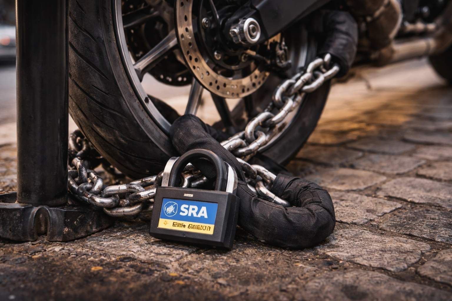 Gros plan photographique détaillé chaîne antivol professionnelle homologuée SRA niveau 3 avec maillons épais 14mm enroulée à travers roue arrière et cadre moto sportive, cadenas robuste avec badge certification SRA visible, démontrant technique sécurisation appropriée stationnement urbain parisien reconnue par assureurs pour réduction prime.