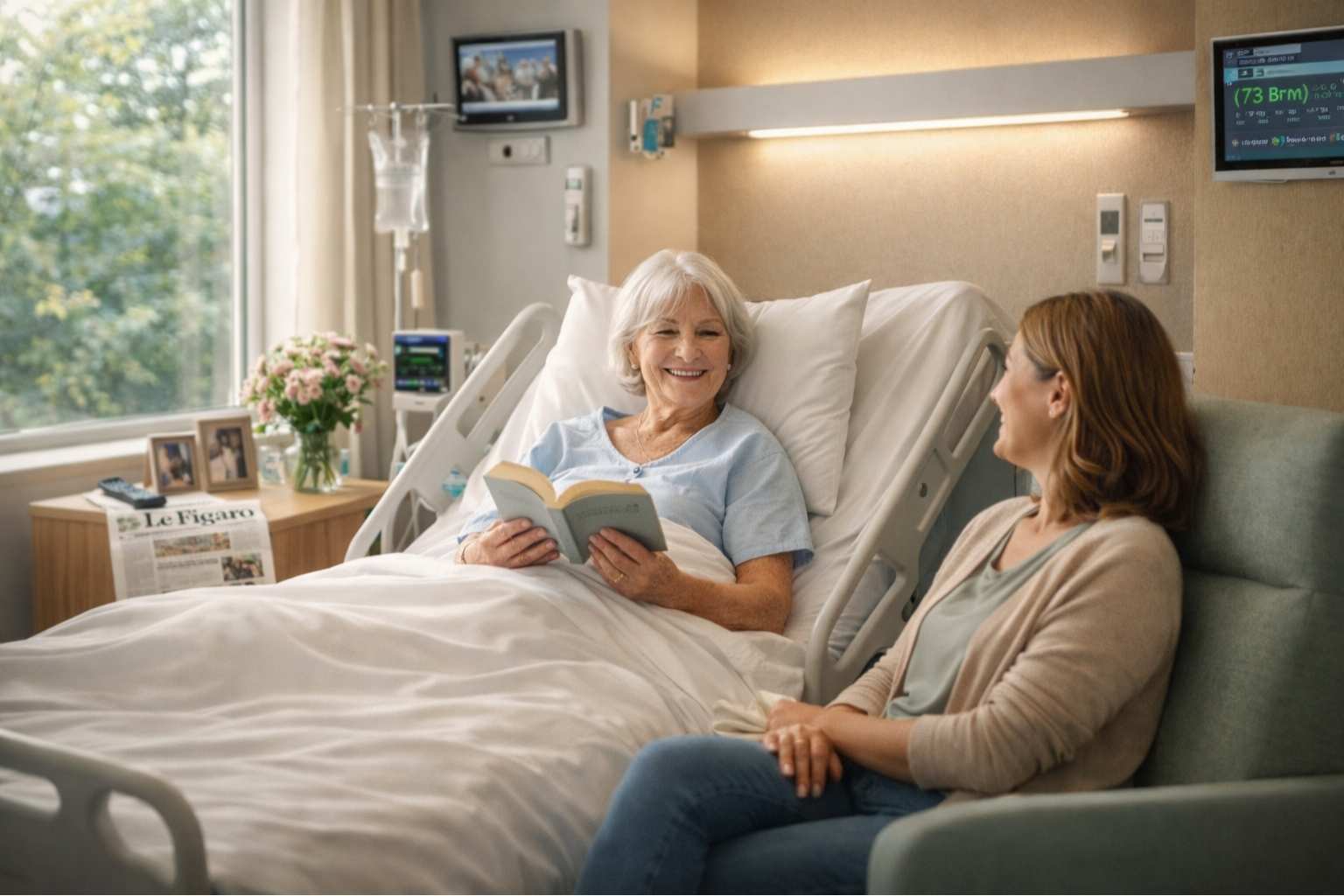 Senior femme souriante dans une chambre individuelle d'hôpital moderne accompagnée de sa fille