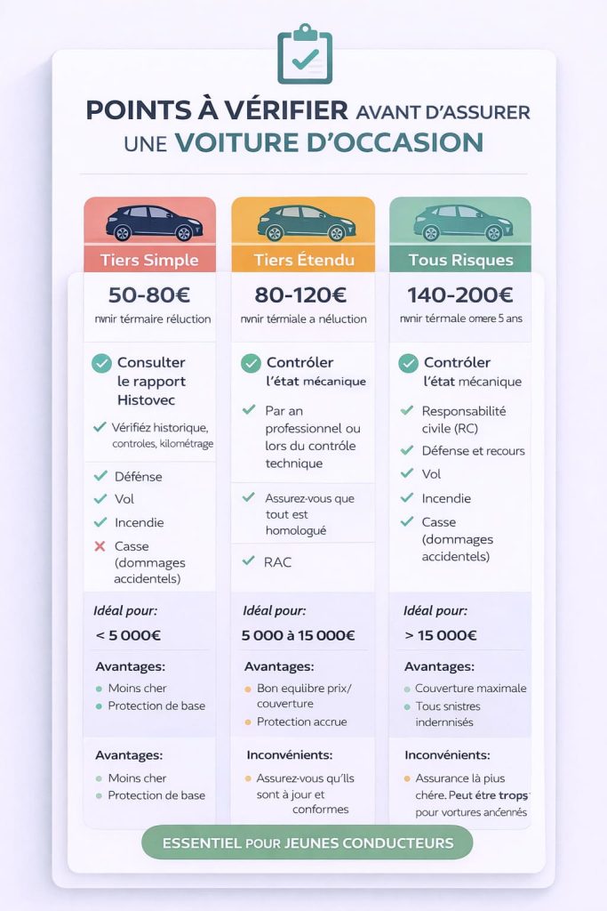 Checklist visuelle des points essentiels à vérifier avant d'assurer une voiture d'occasion en tant que jeune conducteur