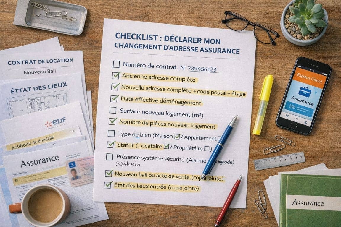 Vue aérienne d'une checklist imprimée pour déclaration changement d'adresse assurance, entourée de documents justificatifs organisés, certaines cases cochées en vert