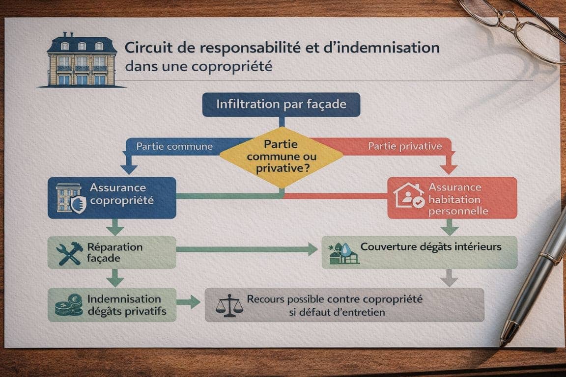 Organigramme détaillant le circuit de responsabilité et d'indemnisation en copropriété pour infiltration par façade