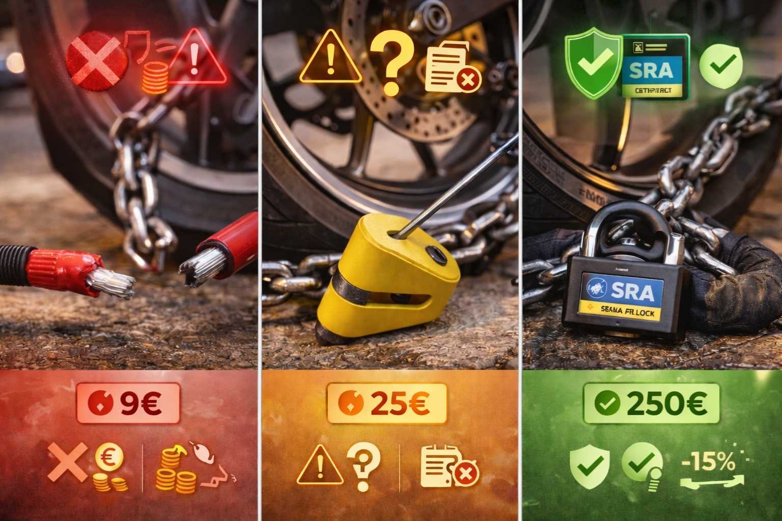 Comparaison triptyque photographique montrant trois antivols moto côte à côte : gauche câble cheap 9€ coupé avec pince en rouge échec, centre bloque-disque no-name 25€ sans certification en orange questionnable, droite chaîne professionnelle SRA 250€ intacte après attaque en vert succès, illustrant différence équipement refusé versus reconnu assurances avec réduction prime 15 pourcent.