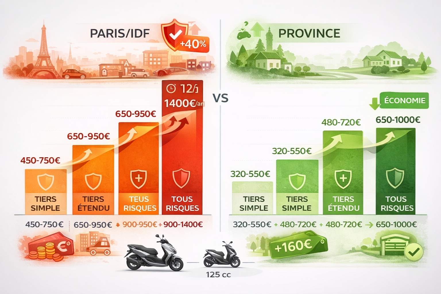 Infographie comparative professionnelle barres montrant tarifs assurance moto 125cc 2026 Paris versus Province avec trois formules chacune : Paris affiche barres rouges/oranges 450-1400€ an (tiers simple, tiers étendu, tous risques) tandis que Province montre barres vertes 320-1000€ an, avec badge plus 40 pourcent illustrant surcoût parisien dû vols et densité trafic.