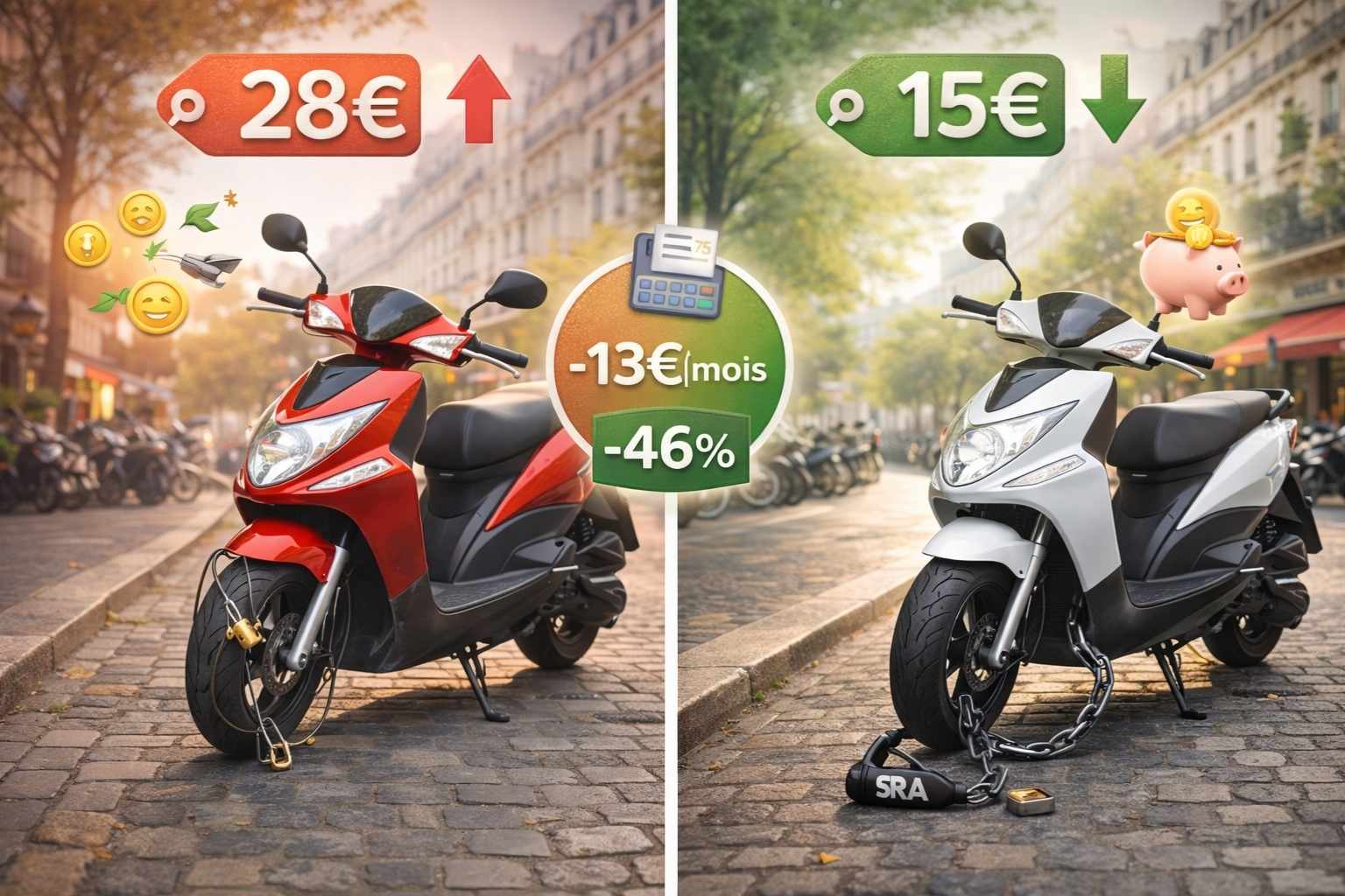 Comparaison visuelle en split-screen de deux scooters 50cc identiques : à gauche avec cadenas basique et prix d'assurance 28€/mois en rouge, à droite avec antivol U homologué SRA et prix réduit 15€/mois en vert, montrant une économie de 13€ par mois grâce à un meilleur équipement de sécurité.