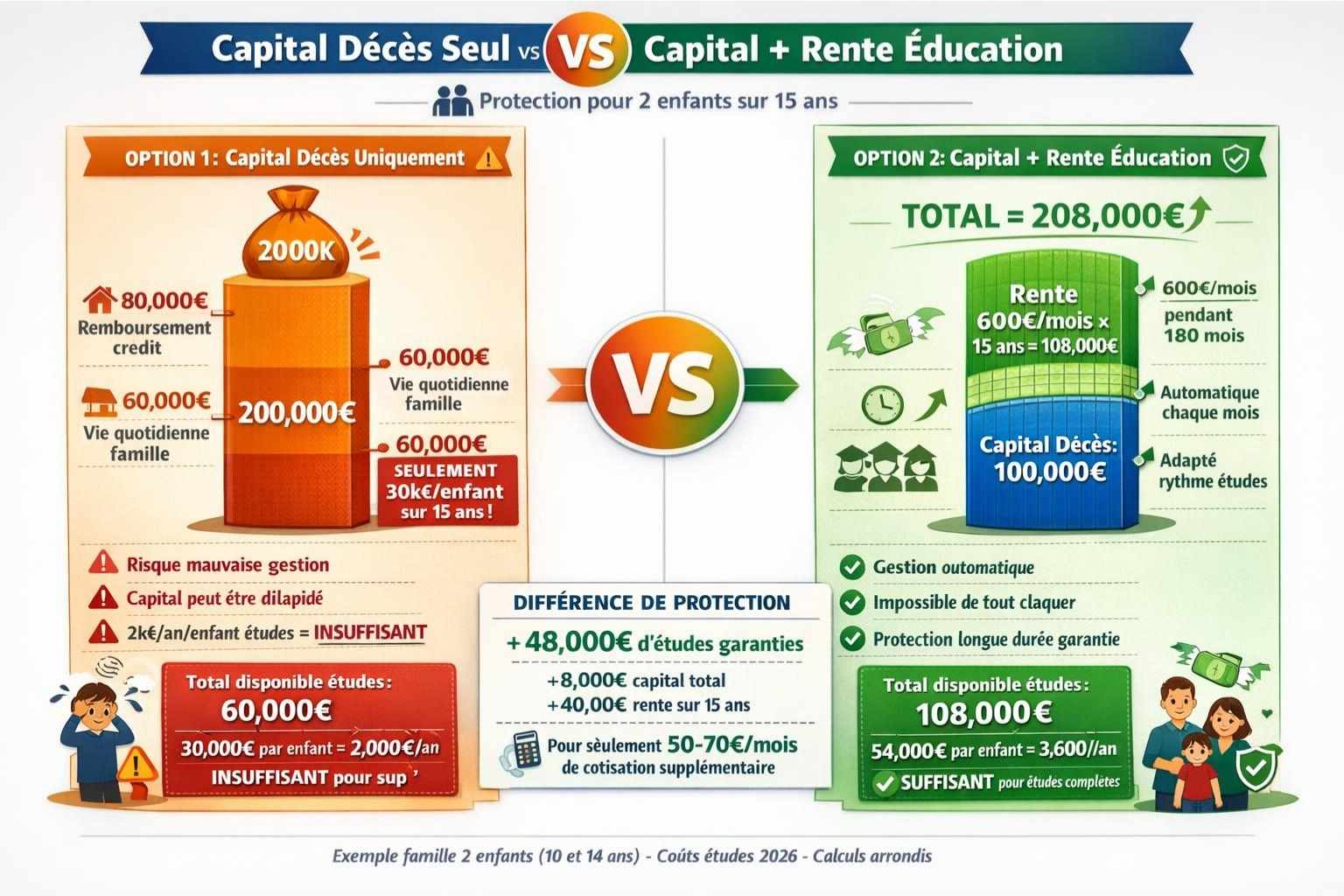 Graphique à barres comparant capital décès seul 200 000 euros versant seulement 30 000 par enfant versus capital 100 000 plus rente éducation 600 par mois totalisant 208 000 euros avec 54 000 par enfant