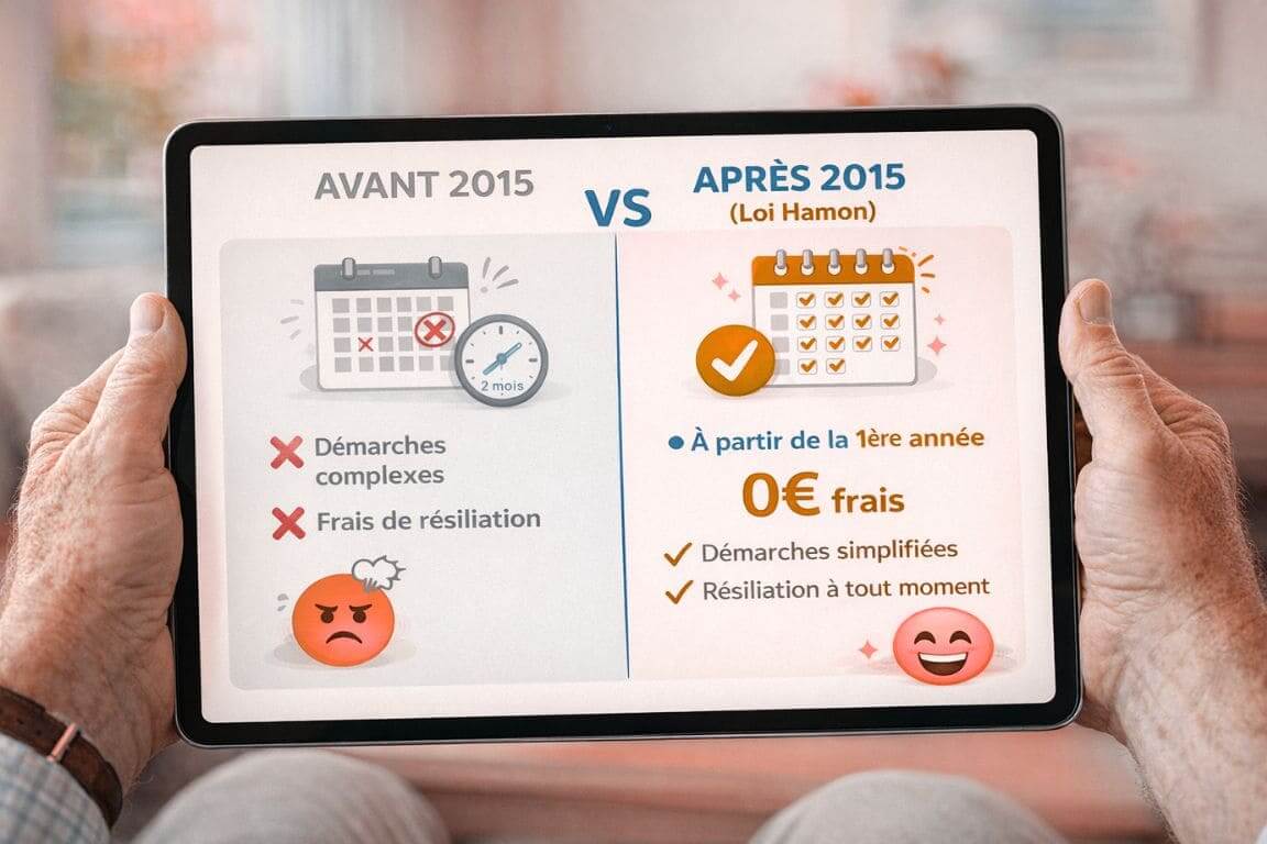 Infographie comparative sur tablette montrant les différences de résiliation d'assurance habitation avant et après la Loi Hamon de 2015
