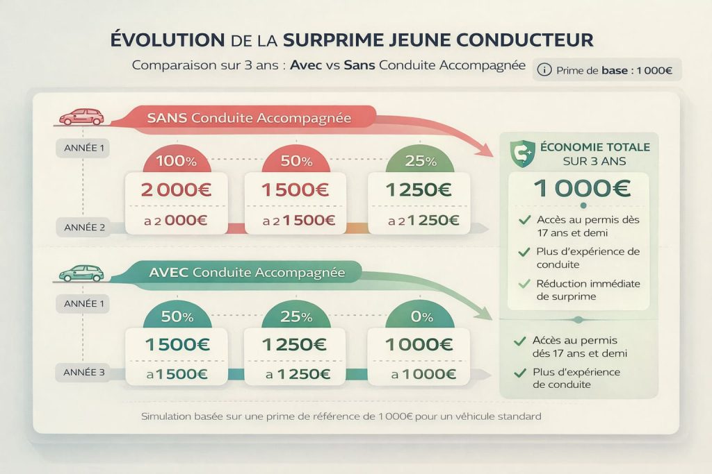 Infographie comparative montrant l'évolution de la surprime d'assurance auto sur 3 ans pour jeunes conducteurs avec et sans conduite accompagnée, illustrant une économie de 1000 euros