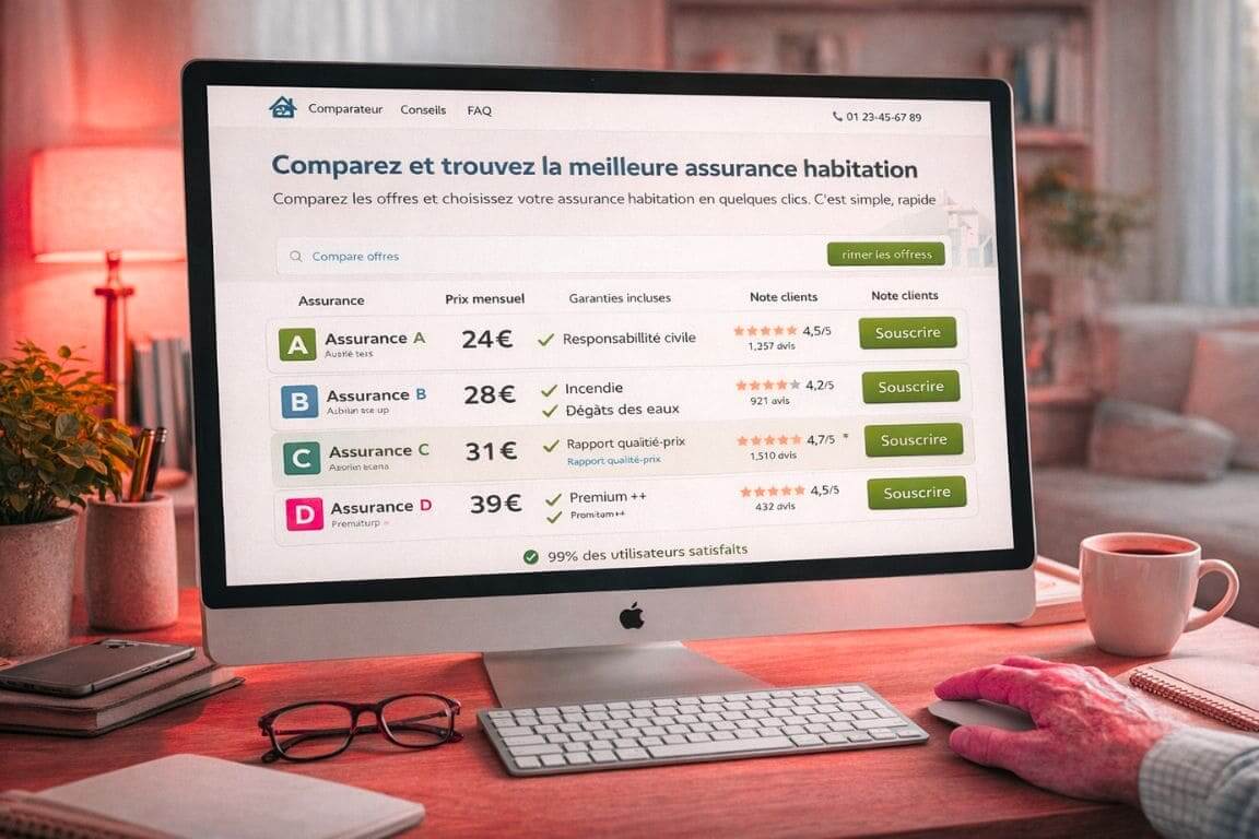 Écran d'ordinateur affichant un comparateur d'assurances habitation avec tableau de prix et garanties, main de senior sur la souris