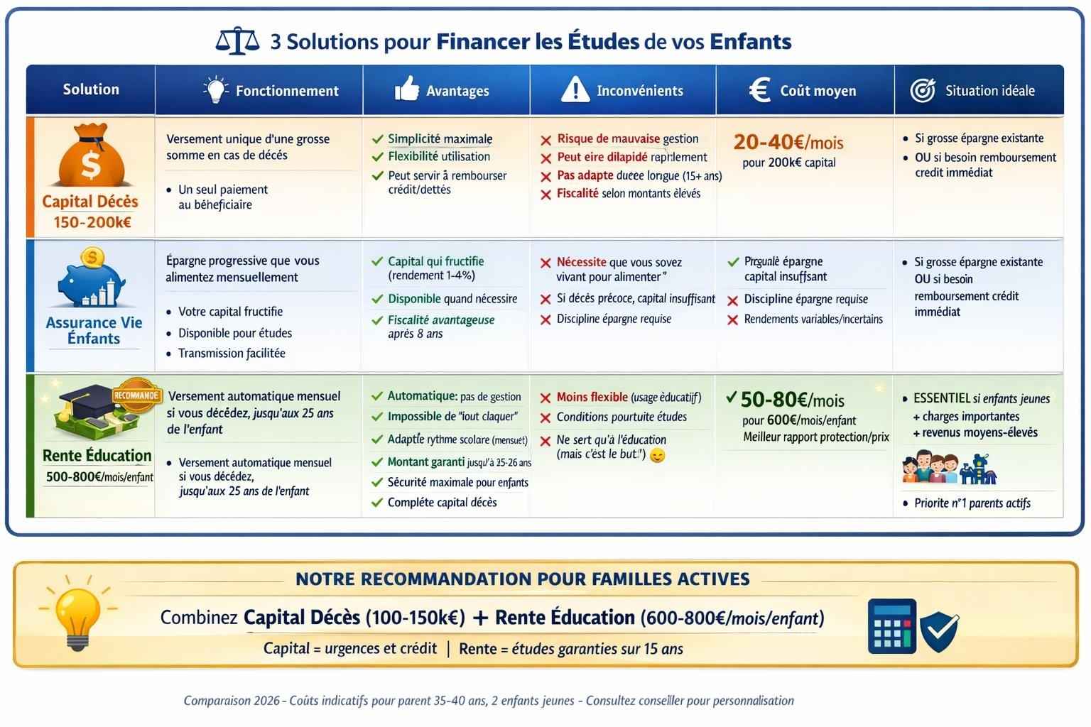Tableau comparatif 3 solutions protection éducative enfants : capital décès seul coût 20-40 euros mois risque gestion, assurance vie épargne 100-300 euros nécessite discipline, rente éducation recommandée 50-80 euros automatique sécurisée