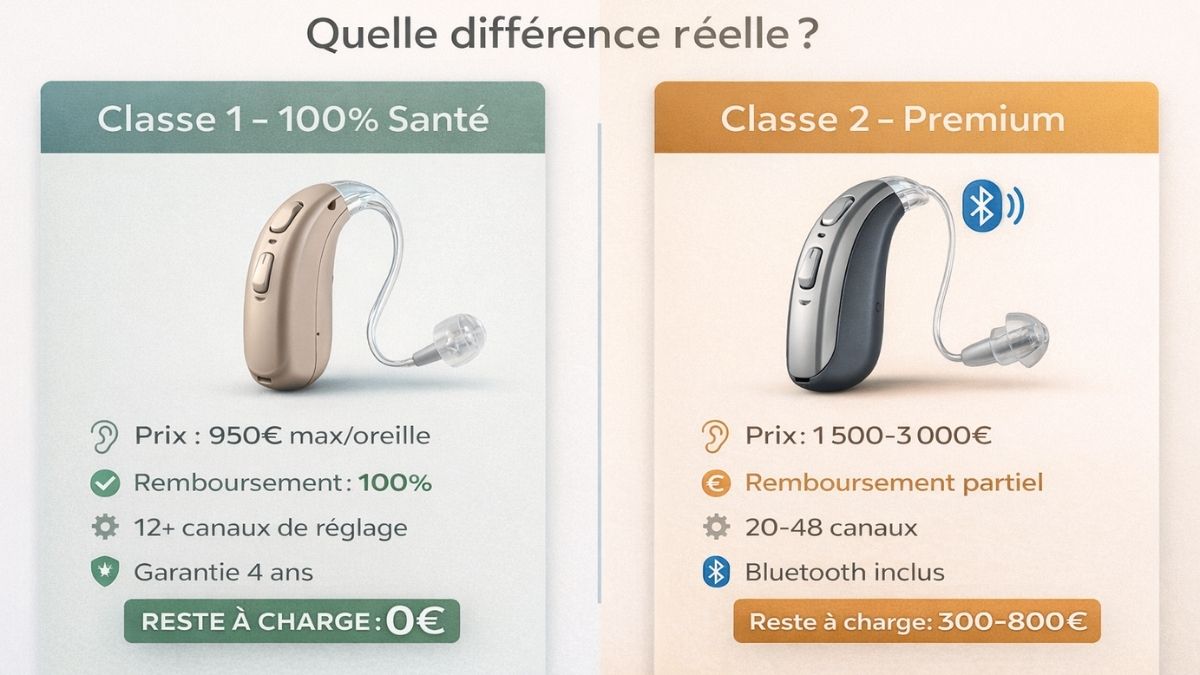 Infographie comparative des appareils auditifs classe 1 100% Santé et classe 2 premium montrant prix, remboursement et caractéristiques techniques