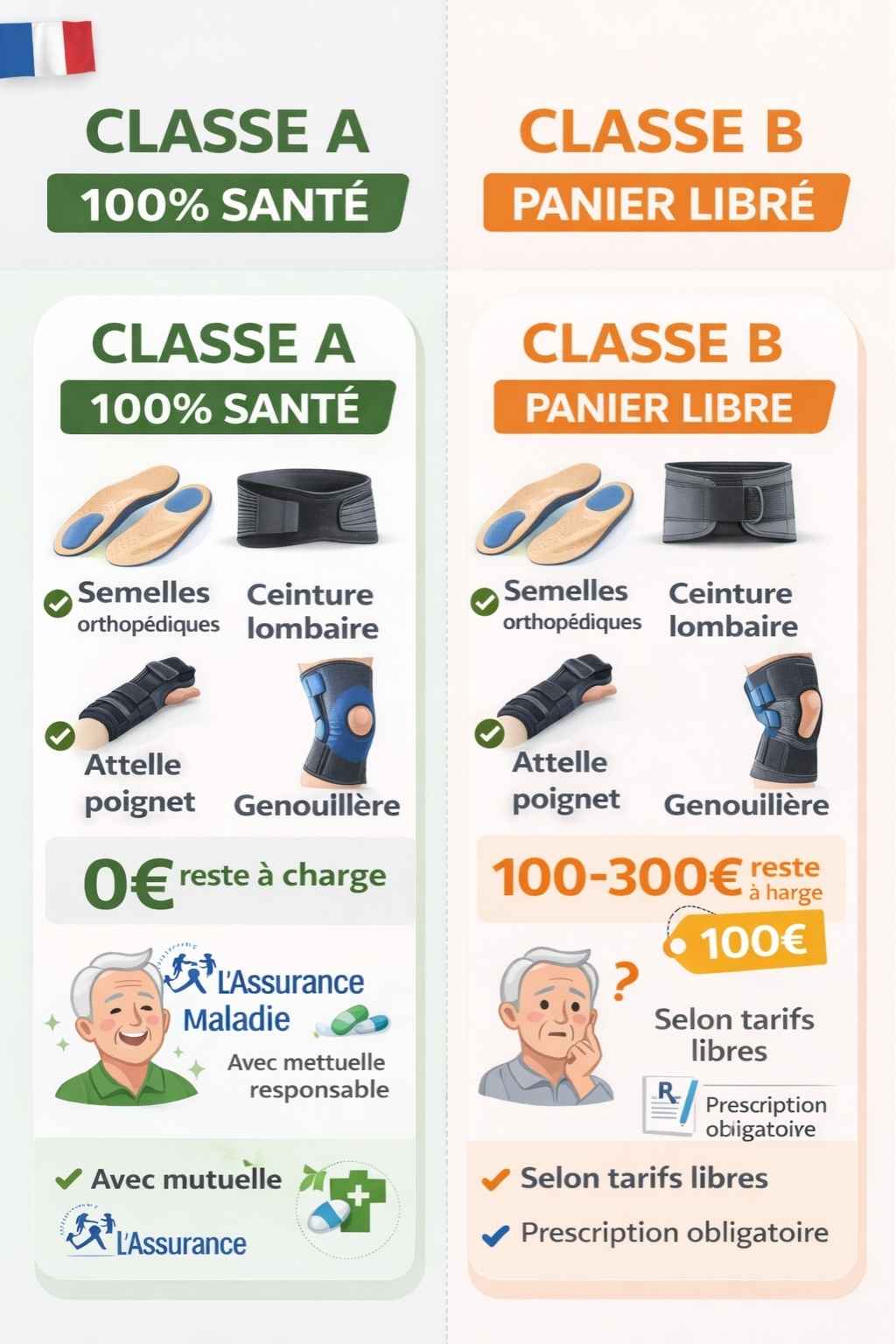Infographie différence entre Classe A 100% santé et Classe B orthopédie pour senior
