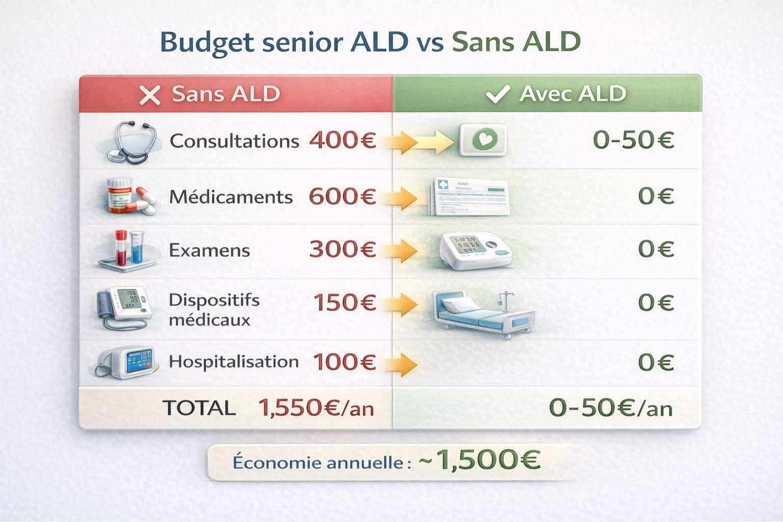 Tableau comparatif du budget annuel santé d'un senior avec et sans ALD montrant une économie de 1500 euros