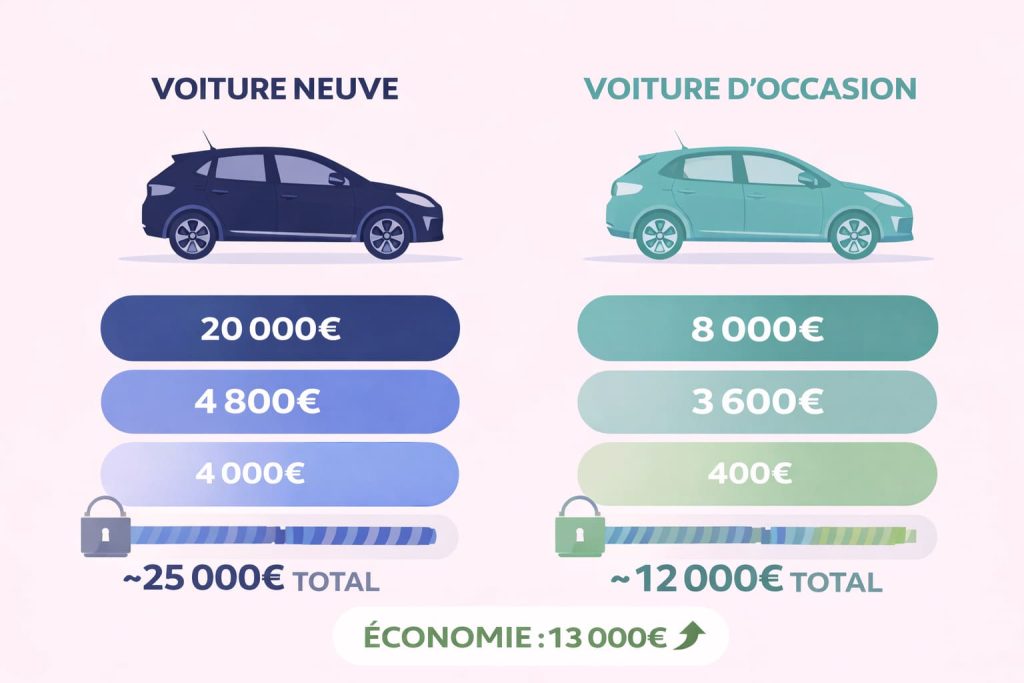 Infographie comparative montrant la différence de coût total entre une voiture neuve et d'occasion sur 3 ans pour un jeune conducteur