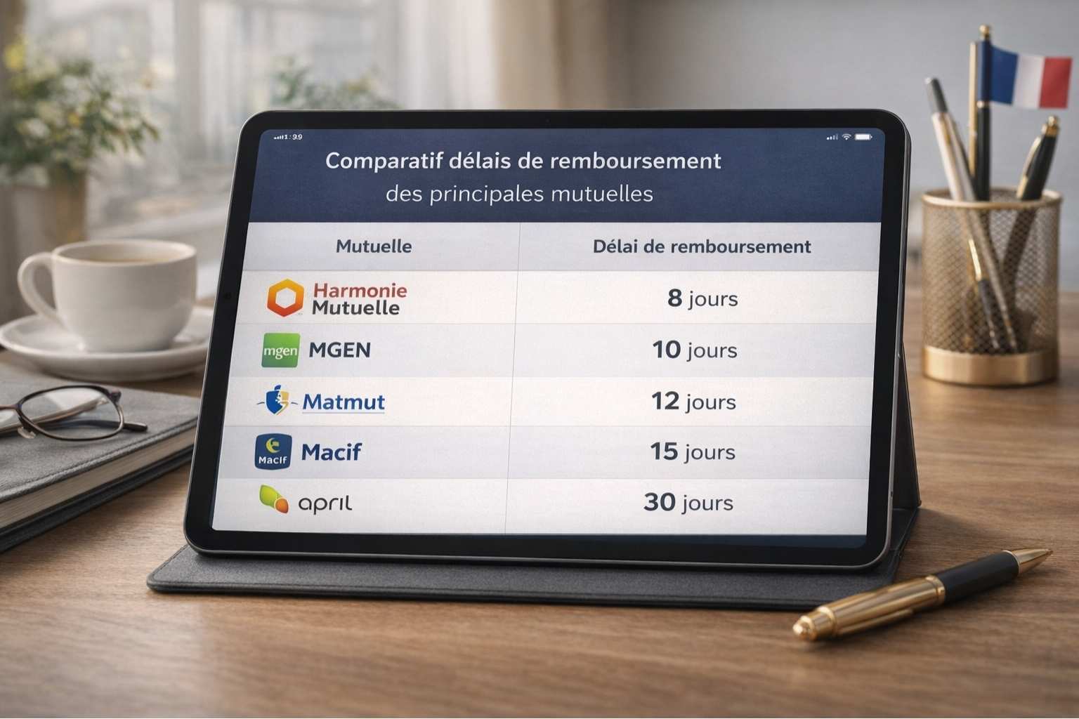Tablette affichant un tableau comparatif des délais de remboursement des principales mutuelles françaises après résiliation