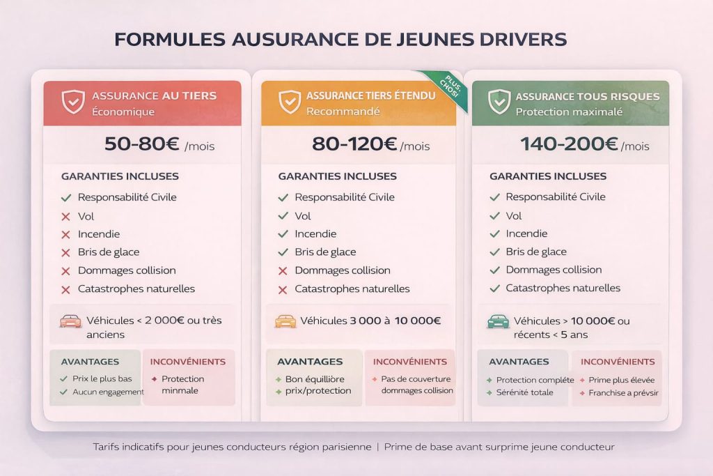 Tableau comparatif détaillé des trois formules d'assurance auto pour jeunes conducteurs montrant garanties, tarifs mensuels, avantages et inconvénients de chaque option