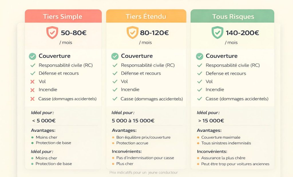 Tableau comparatif détaillé des trois formules d'assurance auto pour voiture d'occasion avec avantages et inconvénients