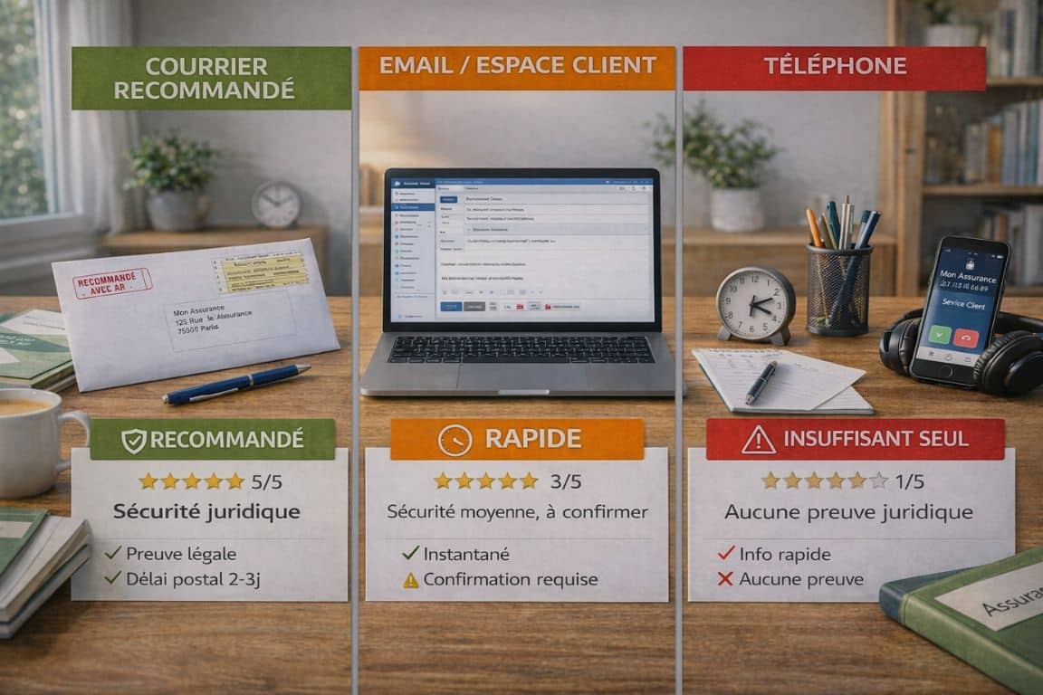 Comparaison visuelle des trois méthodes de déclaration de changement d'adresse à l'assurance : courrier recommandé (5 étoiles sécurité), email (3 étoiles), téléphone (1 étoile avec avertissement)
