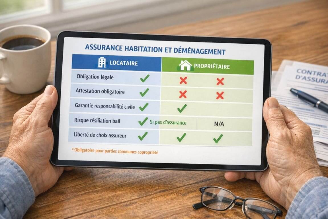 Tablette affichant tableau comparatif des obligations d'assurance habitation lors d'un déménagement pour locataires versus propriétaires, avec coches vertes et croix