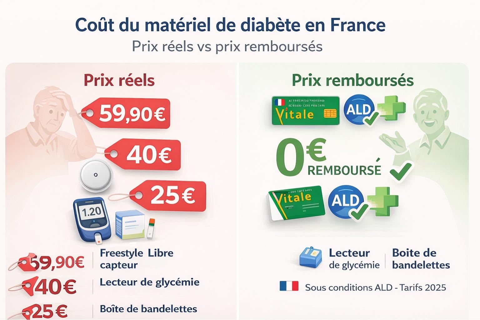  Infographie comparative prix réel versus remboursement matériel diabète senior en France