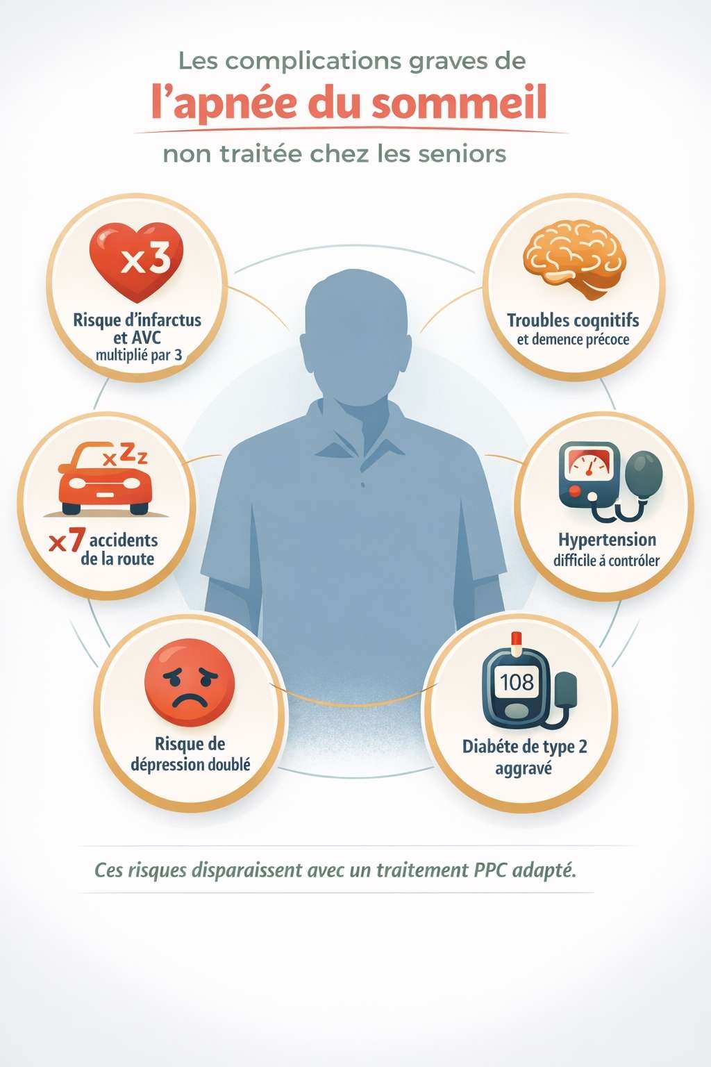 Infographie des complications de l'apnée du sommeil non traitée chez les seniors incluant risques cardiovasculaires, diabète, dépression et accidents