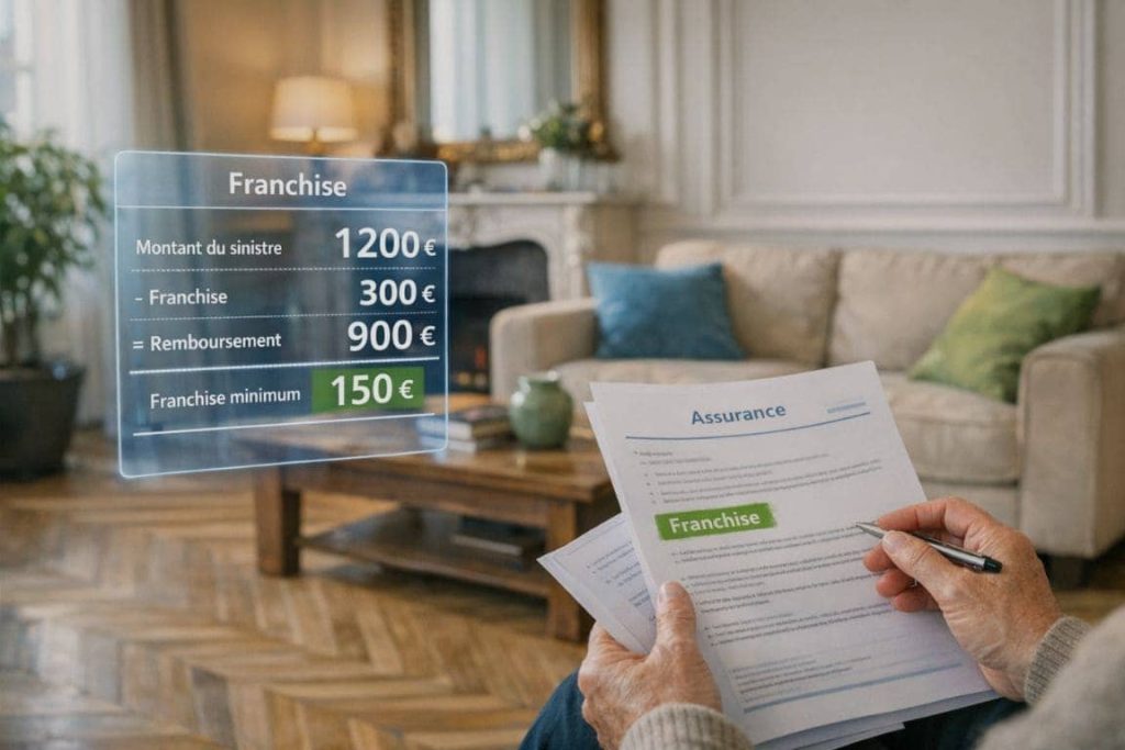 Calcul de franchise d'assurance habitation dans un intérieur français moderne avec documents et calculatrice