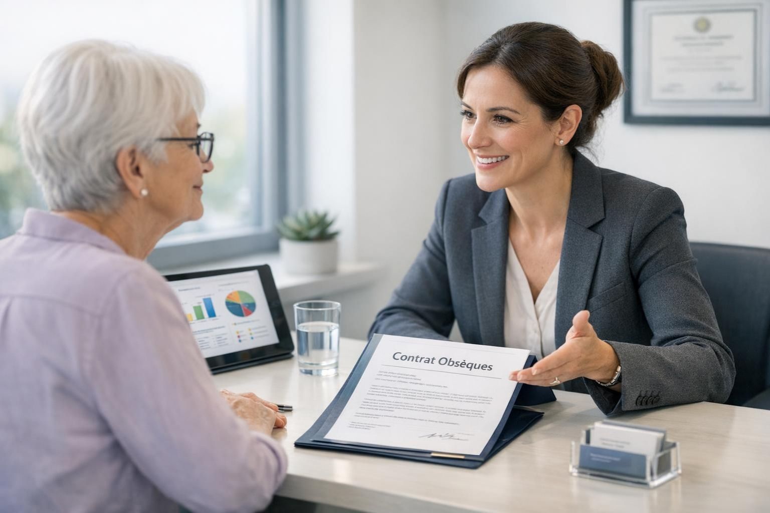 Une femme senior consulte une conseillère en assurance obsèques dans un bureau moderne lumineux, échange professionnel et rassurant