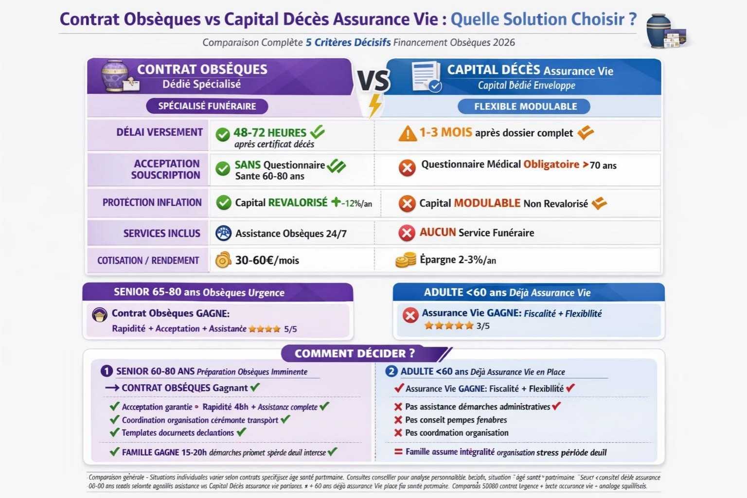Contrat obsèques vs capital décès : comparaison délai 48h, acceptation garantie, assistance vs flexibilité