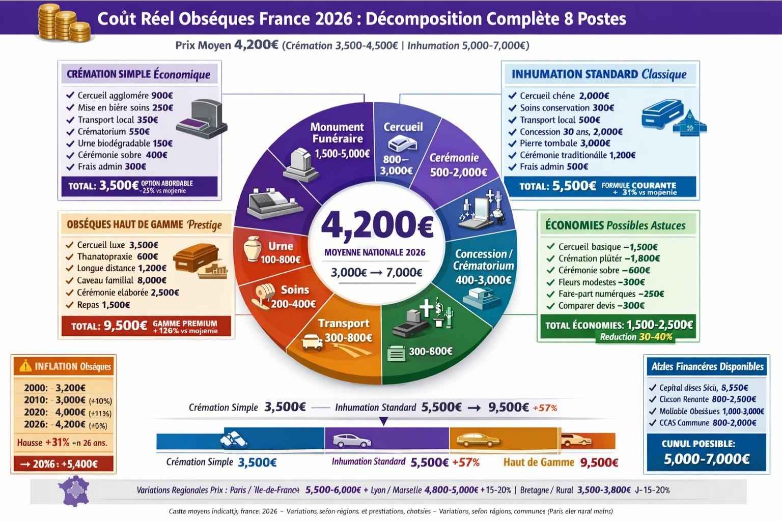 Infographie camembert coût obsèques France 2026 décomposition 8 postes monument funéraire 23 pourcent 1500-5000 euros cercueil 20 pourcent 800-3000 euros cérémonie 16 pourcent concession crématorium 14 pourcent transport moyenne 4200 euros scénarios crémation 3500 inhumation 5500 économies 1500-2500 euros possibles
