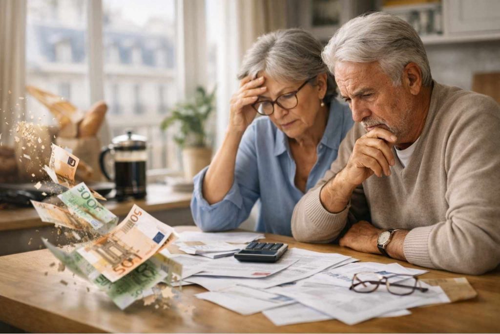 Couple de seniors français inquiet examinant des documents de mutuelle santé avec des billets d'euros s'envolant symbolisant l'argent gaspillé par inertie