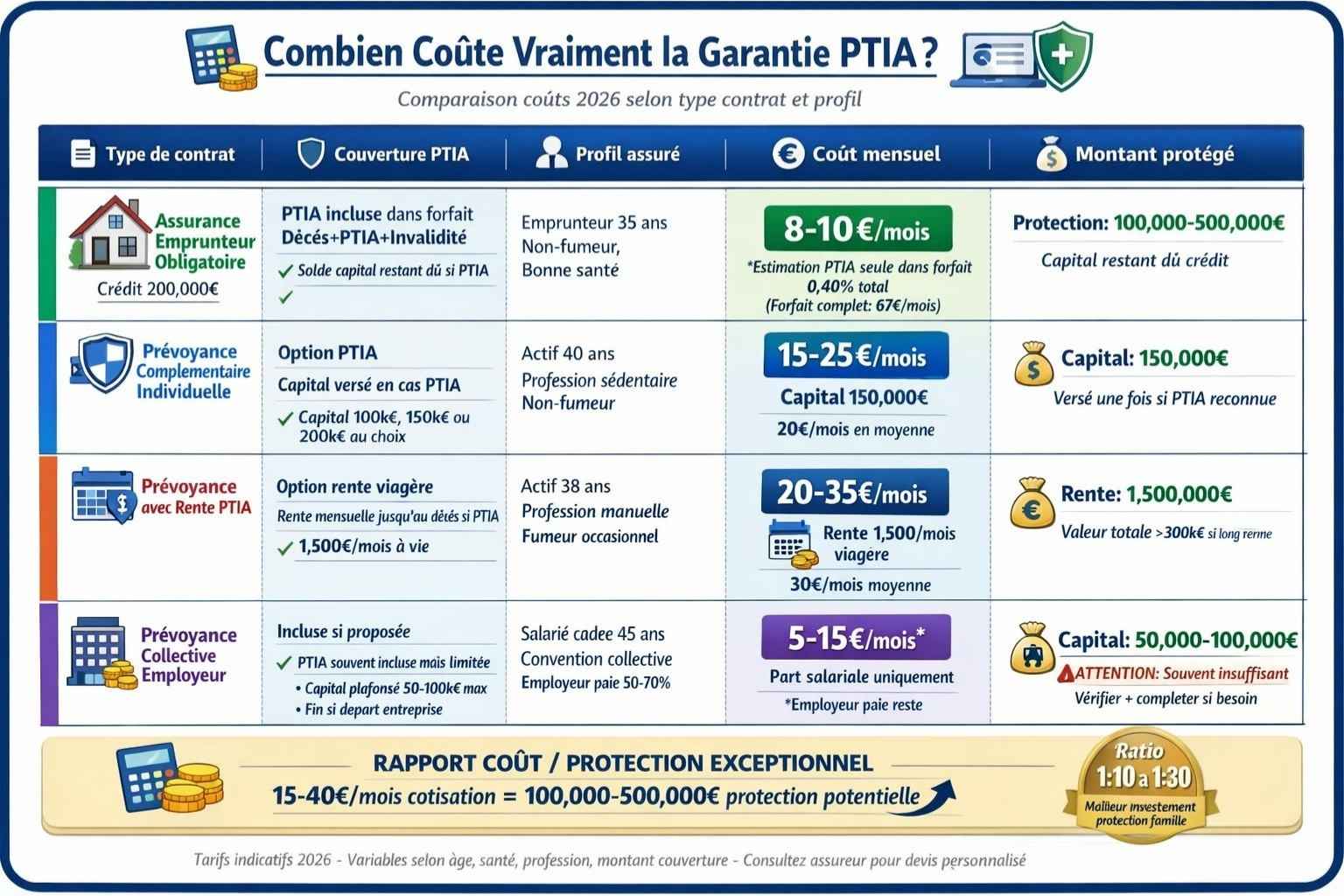 Tableau comparatif coûts garantie PTIA : assurance emprunteur 8-10 euros mois capital 100-500k, prévoyance individuelle capital 15-25 euros 150k, rente 20-35 euros 1500 euros mois, collective entreprise 5-15 euros 50-100k
