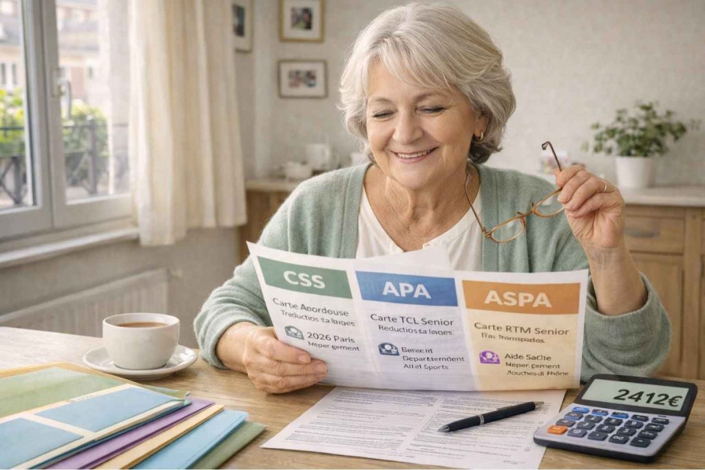 Senior française souriante consultant ses documents d'aides cumulées CSS, APA et ASPA avec calculatrice affichant 2412€