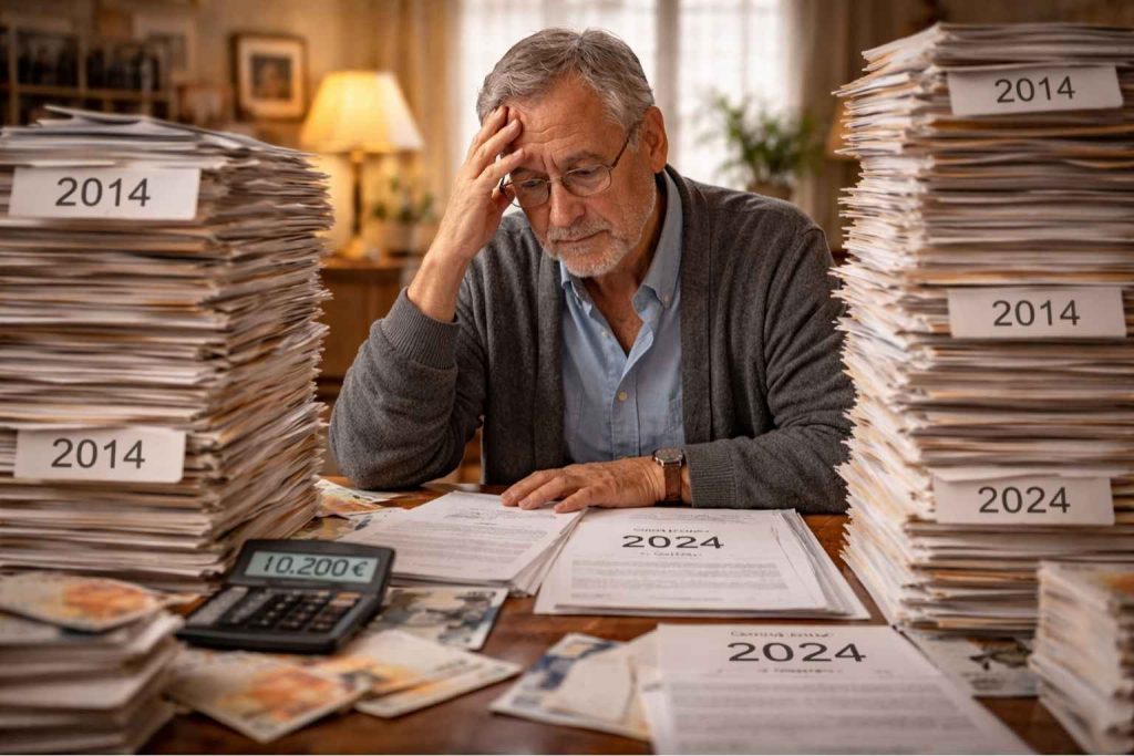 Senior français de 72 ans entouré de 10 années de documents de mutuelle empilés, calculatrice affichant 10200€ de surcoût