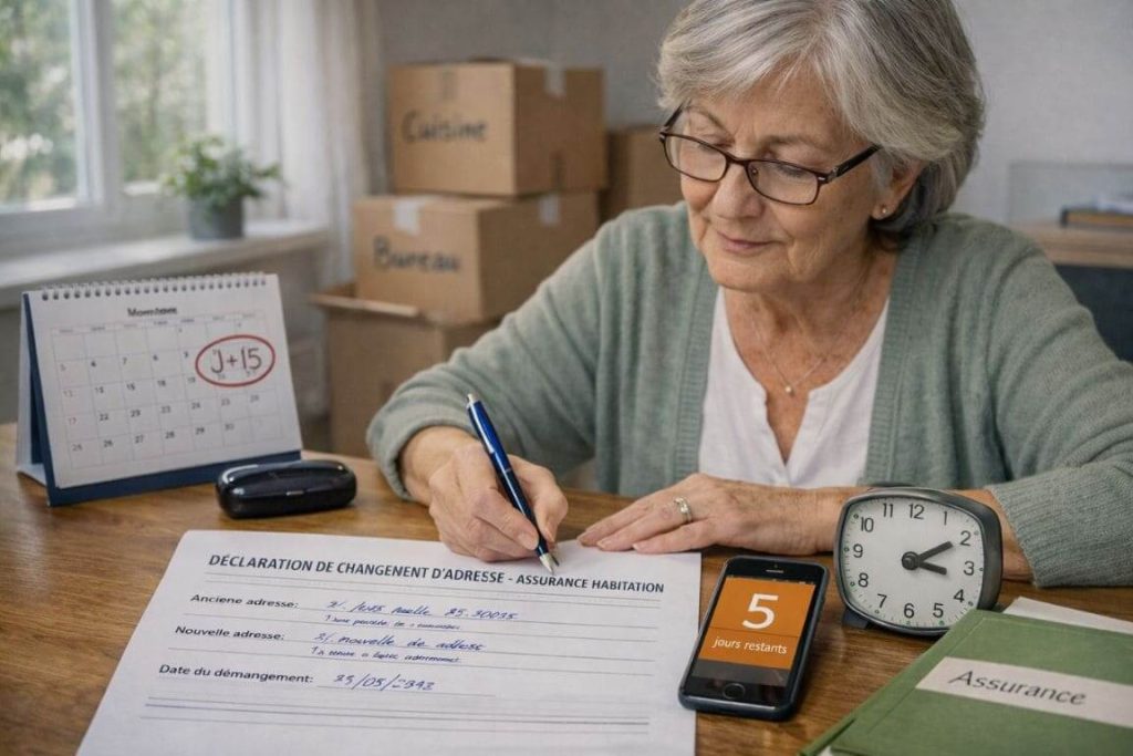 Femme senior remplissant un formulaire de changement d'adresse pour son assurance habitation, calendrier montrant délai de 15 jours, cartons de déménagement en arrière-plan