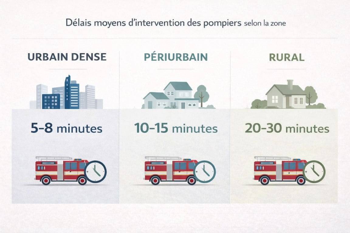 Infographie comparative des temps d'intervention des pompiers en zone urbaine (5-8 min), périurbaine (10-15 min) et rurale (20-30 min)