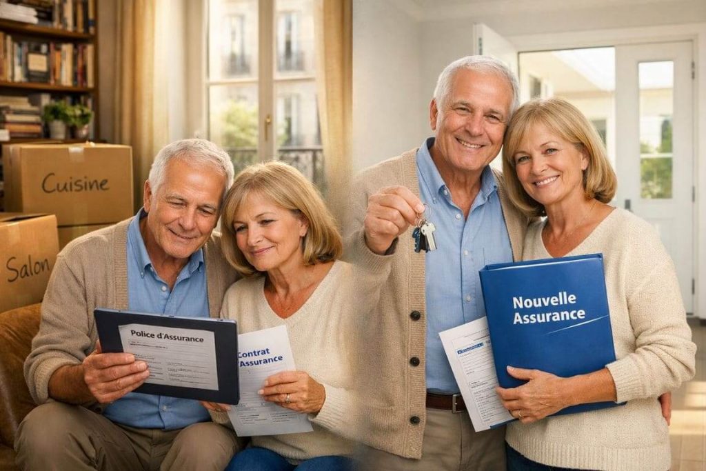 Composition split-screen montrant un couple de seniors dans leur ancien appartement avec cartons puis dans leur nouveau logement avec clés, documents d'assurance visibles
