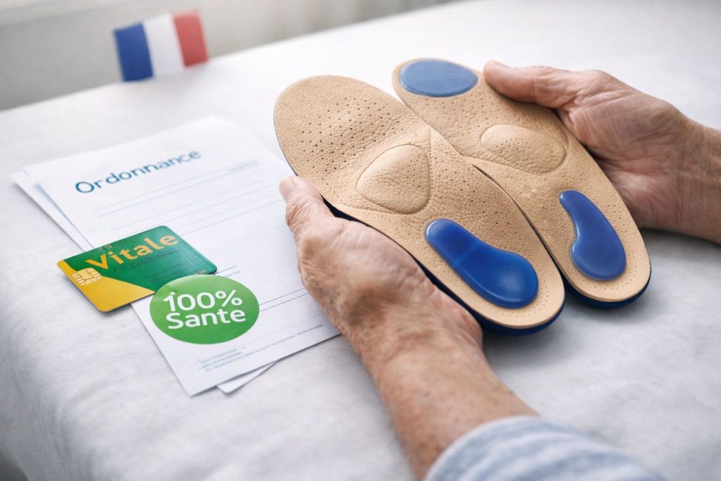Mains de senior tenant des semelles orthopédiques sur-mesure beiges avec supports bleus, avec ordonnance médicale, carte Vitale et badge 100% Santé sur table blanche